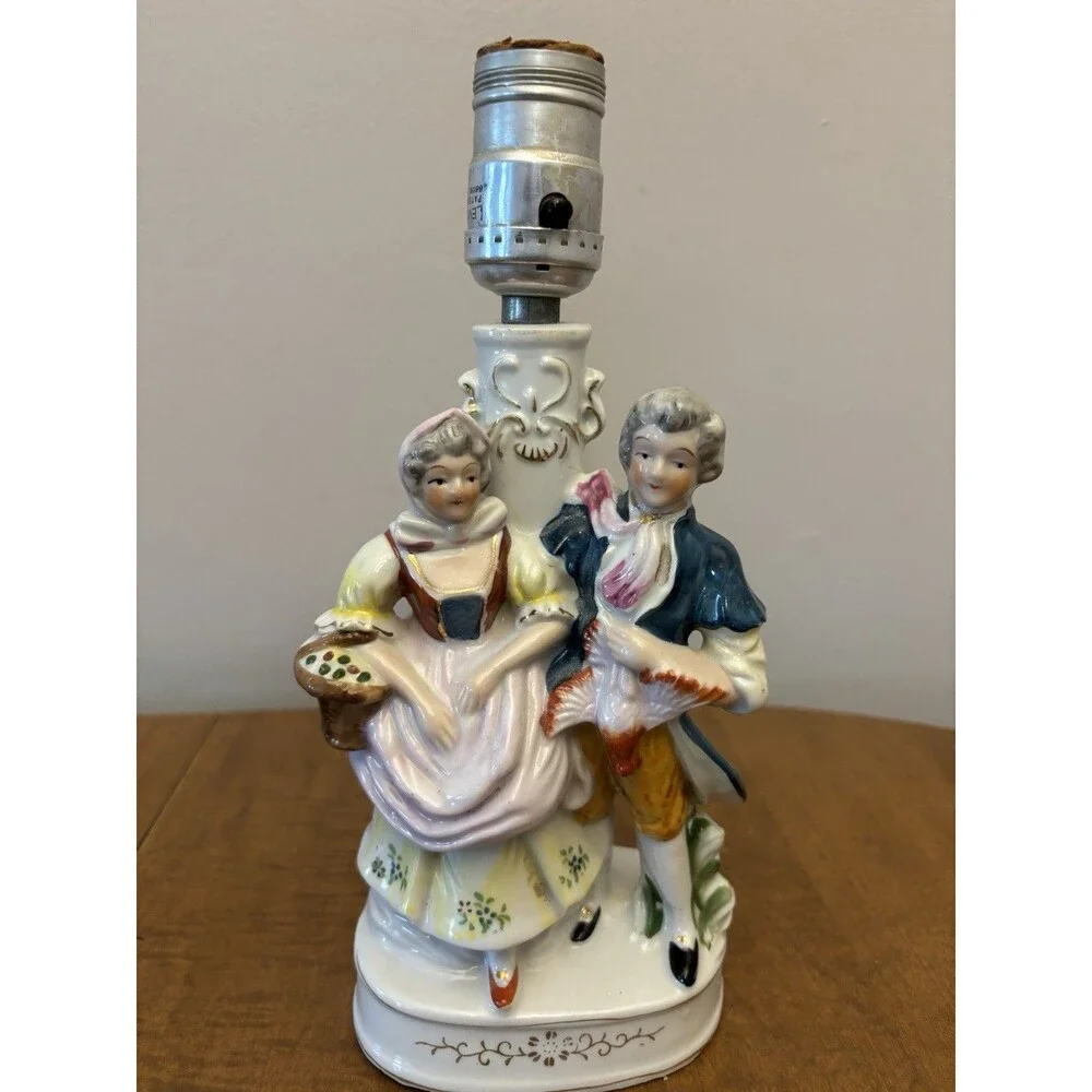 Two (2) Vintage Occupied Japan Colonial Table Lamp Man And Woman HandPainted